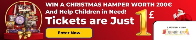 Christmas hamper contest banner to help kids. Its says 1£ entry to win a 200€ christmas prize.